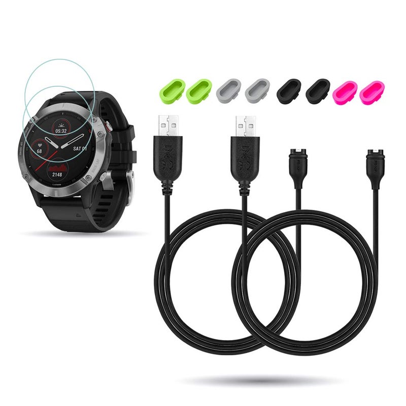 JIUJOJA 2Pack for Garmin Fenix 6/6 Pro/ 6 Sapphire/6 Solar Charging Sync Data Cable and 2Pcs Free HD Tempered Glass Screen Protector and 8pcs Color Charger Port Protector for Smart Watch - Image 1